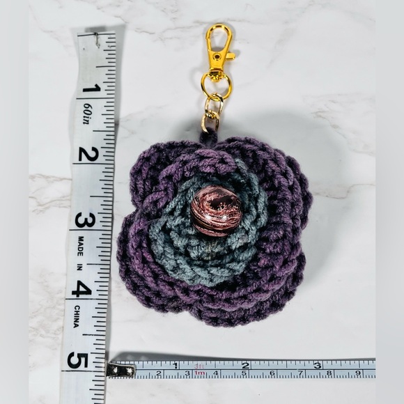 Purple & Gray Crochet Flower Bag Charm - Picture 3 of 5